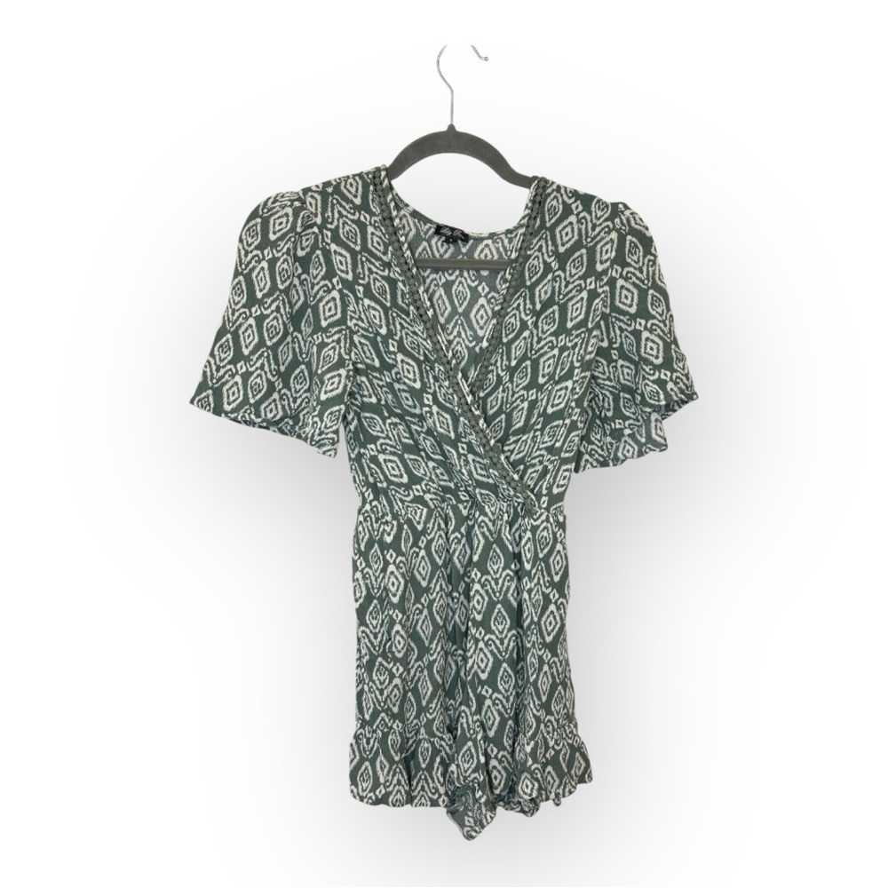 Lily & Rose Green Ikat Surplice Romper Boho Resort Vacation Travel Small
